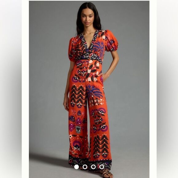 FARM Rio Pants - Farm Rio size Small by Anthropologie Rio Printed Deep-V Puff-Sleeve Jumpsuit